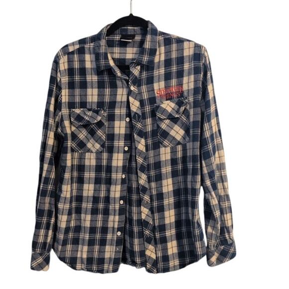 Netflix Stranger Things Plaid Flannel Button-Up Men’s M Blue & White Long Sleeve - Picture 1 of 3